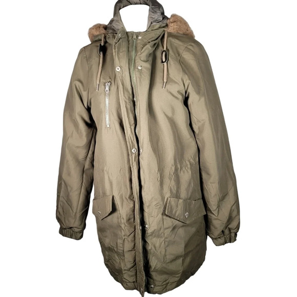 Noisy May Army Military Khaki Green Parka Coat Faux Fur Trim Hooded Long Size M - Picture 2 of 14